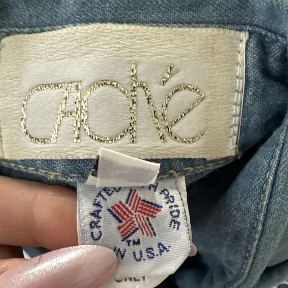 Vintage CACHE Shirt Womens Small Blue Chambray Studded Lace Sleeve 90s Western - Picture 12 of 15